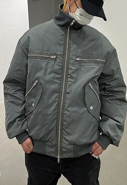 Grey Oversized Tech bomber MA1 cargo biker jacket
