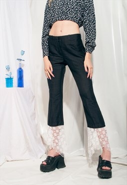 Reworked Vintage Silk Trousers Y2K Crochet Lace Flares