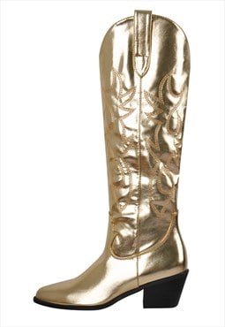 Gold Cowboy Western Boots Wide Calf Block Heel