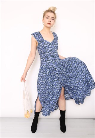 VINTAGE 80S BLUE FLORAL BUTTON MIDI DRESS