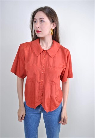 80S VINTAGE RED BOHO BLOUSE WITH BOW SHORT SLEEVE, SIZE S