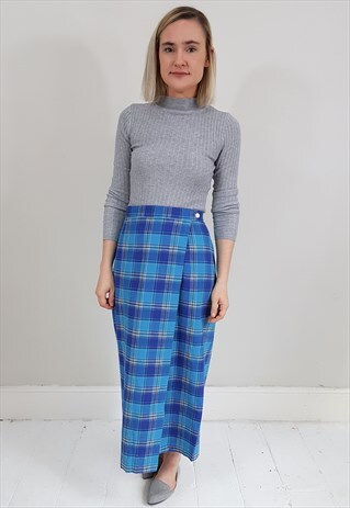 VINTAGE 90'S BLUE TARTAN PLAID WRAP PENCIL SKIRT