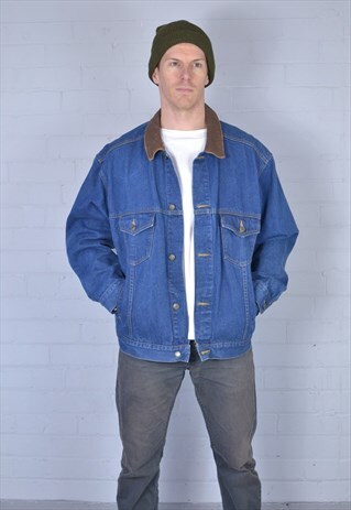VINTAGE DARK BLUE LEATHER COLLARED DENIM JACKET