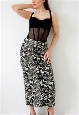 Patterned Textured 90s Vintage Midi Skirt High Waist Slit