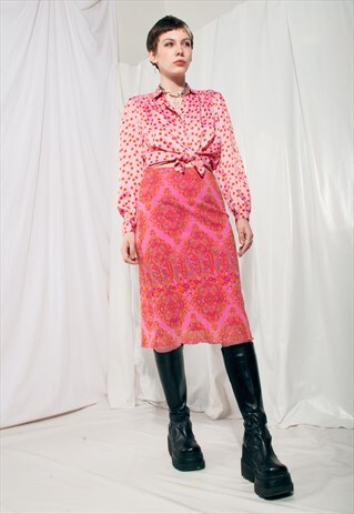 VINTAGE BLOUSE 60S UPCYCLED OVERDYED SATIN TOP IN RED PINK