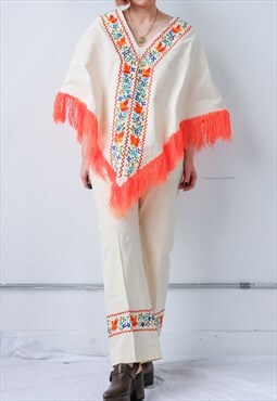 Vintage 60s Poncho and Pants Suit Set Embroidery Boho