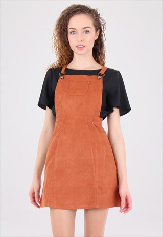 RUST SUEDE DUNGAREE PINAFORE DRESS