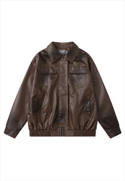 Oil wash biker jacket Faux leather racing jacket in brown