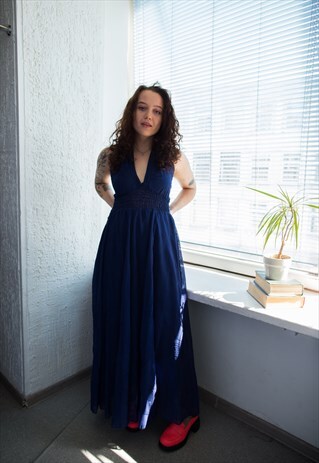 VINTAGE 60'S NAVY EMBROIDERED BANDEAU STYLE MAXI DRESS