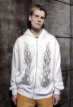Silver flame hoodie premium metallic fire pullover in white