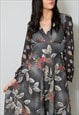 70'S JOBI VINTAGE MIDI DRESS GREY FLORAL LONG BELL SLEEVE