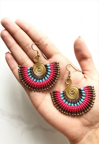 HANDMADE MACRAME BRASS EARRINGS IN SHADED MULTI COLOUR