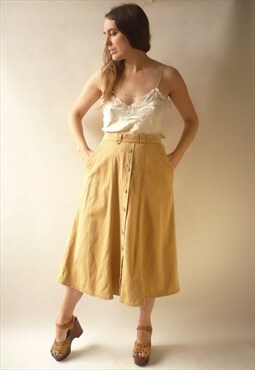 1980's Vintage Neutral Beige Denim Western Style Midi Skirt 