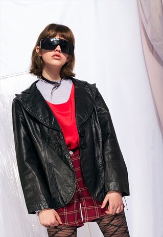 VINTAGE LEATHER JACKET 70S BETTY BARCLAY BLACK COAT