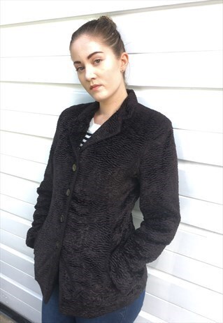 WOMENS VINTAGE 80S JACKET BROWN FAUX FUR SHORT COAT BLAZER