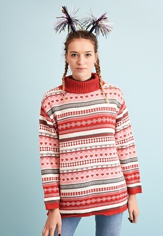 90'S RETRO FAIR ISLE ROLL NECK KNIT CHRISTMAS JUMPER