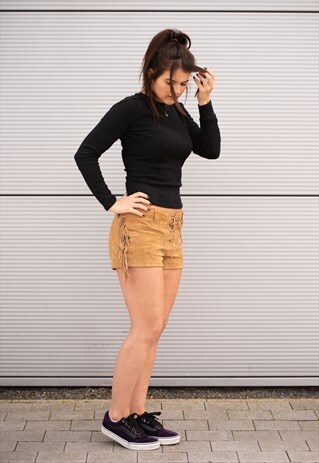 90'S VINTAGE TOPSHOP TAN BROWN SUEDE LEATHER MINI SHORTS