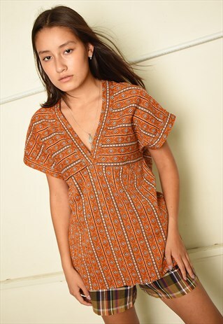 VINTAGE 70'S RETRO ETHNIC BOHO PRINT OVERSIZED TUNIC TOP
