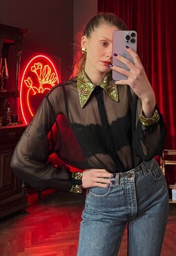  Black Sheer Blouse with Embellished collar and cuffs