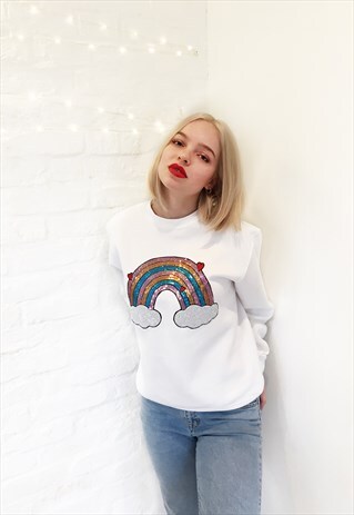 UNISEX JUMPER IN WHITE WITH SEQUIN RAINBOW MOTIF FULL COLOUR
