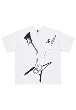 Guitar print t-shirt rocker top grunge metalcore tee white