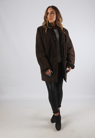 VINTAGE SHEEPSKIN SUEDE SHEARLING COAT SHORT UK L 14 (94B)
