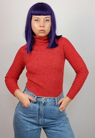 VINTAGE 90'S RIBBED KNIT TURTLENECK / JUMPER IN RED