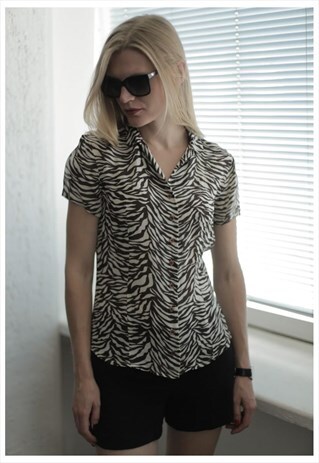 VINTAGE 80'S WHITE/BROWN ANIMAL PRINT TRANSPARENT BLOUSE