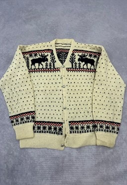 Vintage Knitted Cardigan Reindeer Patterned Chunky Knit 