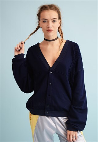 90'S RETRO OVERSIZED NAVY BLUE GRANDADS KNIT CARDIGAN