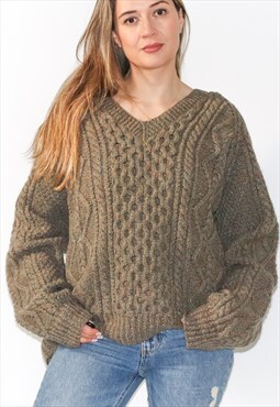 Hand Knitted Pure Wool Irish Aran V Neck Chunky Jumper