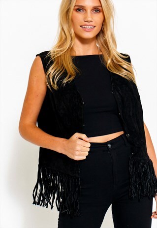 VINTAGE 90'S BLACK FRINGED WAISTCOAT