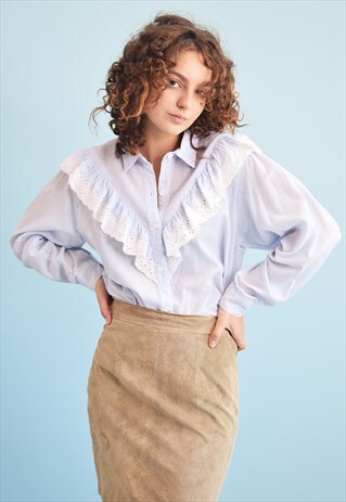 80'S RETRO STRIPED PRINT TRIMMED ELEGANT SHIRT TOP