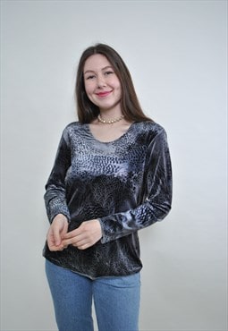 Pullover velvet shirt, stretchy velour blouse LARGE size 