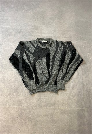 VINTAGE KNITTED JUMPER ABSTRACT PATTERNED GRANDAD SWEATER