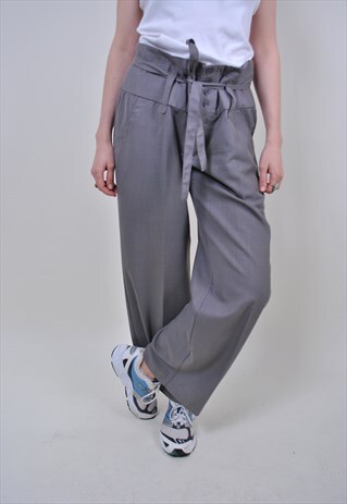 90S BELT FORMAL PANTS, VINTAGE CROP SRAIGHT GREY TROUSERS