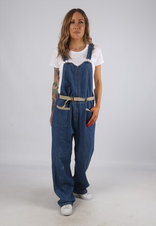 VINTAGE DENIM DUNGAREES WIDE LEG UK 12 MEDIUM (JH2W)