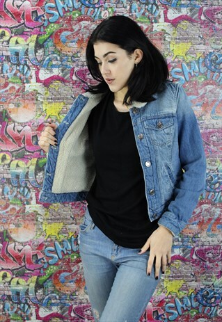 VINTAGE 80S LIGHT BLUE SHERPA FLEECE LINED DENIM JACKET.