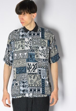 VINTAGE 90S BLACK GREY AZTEC GRUNGE SHORT SLEEVE SHIRT