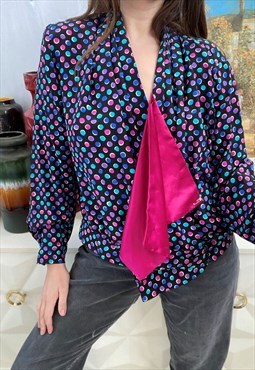 Vintage 80s luxe draped polka dot blouse top blue pink