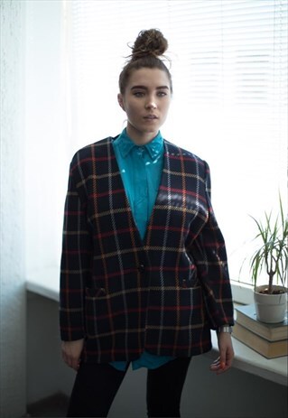 VINTAGE 80'S BLACK PLAID WOOL ONE BUTTON JACKET