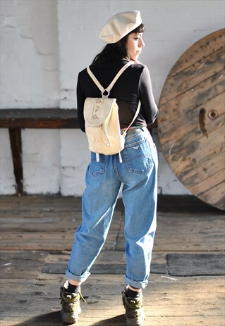 90S CREAM LEATHER FLORAL EMBROIDERED BACKPACK