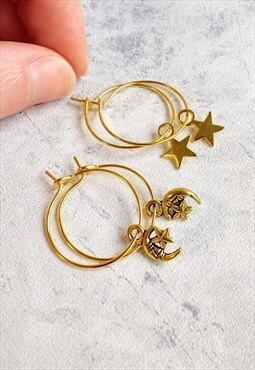 Tiny Celestial Golden Moon and Star Hoop Earrings 2 Pair Set