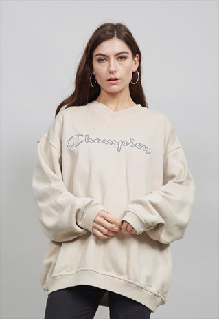 VINTAGE 90'S V-NECK OVERSIZED BEIGE CHAMPION SWEATER