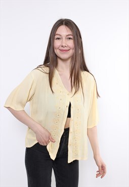90s yellow lace blouse, vintage short sleeve flowers button 