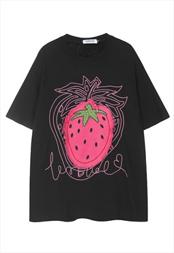 Patchwork t-shirt strawberry print tee retro top in black