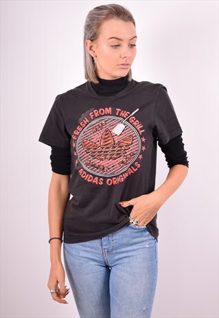 ADIDAS WOMENS VINTAGE T-SHIRT TOP MEDIUM BLACK 90'S