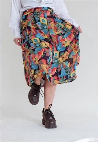 VINTAGE 80S GEOMETRIC FLORAL MULTICOLOR HIGH WAIST SKIRT L