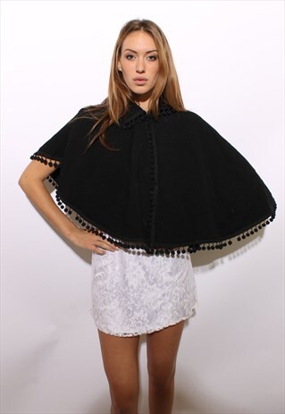 VINTAGE 1940'S 40'S BLACK POM POM CAPE MATADOR BOLERO OS