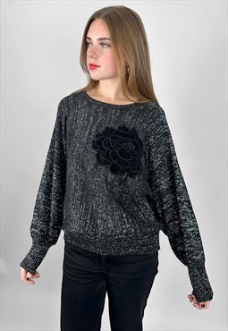 80's Vintage Black Silver Lurex Floral Batwing Jumper